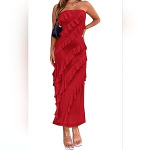Elegant Strapless Midi Ruched Red Ruffle Bodycon Party Dress Stretch Slim